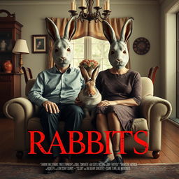 A film poster for the movie "RABBITS", showcasing a middle-class heterosexual married couple in their forties