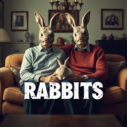 A film poster for the movie "RABBITS", showcasing a middle-class heterosexual married couple in their forties