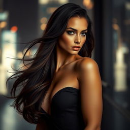 A sultry and alluring woman with long flowing hair, standing with a confident pose