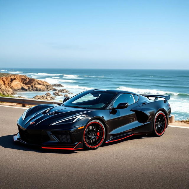 A striking image of a Corvette C8 with a widebody kit, parked on a scenic coastal road