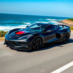 A striking image of a Corvette C8 with a widebody kit, parked on a scenic coastal road