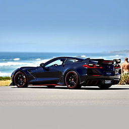 A striking image of a Corvette C8 with a widebody kit, parked on a scenic coastal road