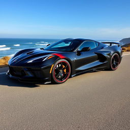 A striking image of a Corvette C8 with a widebody kit, parked on a scenic coastal road