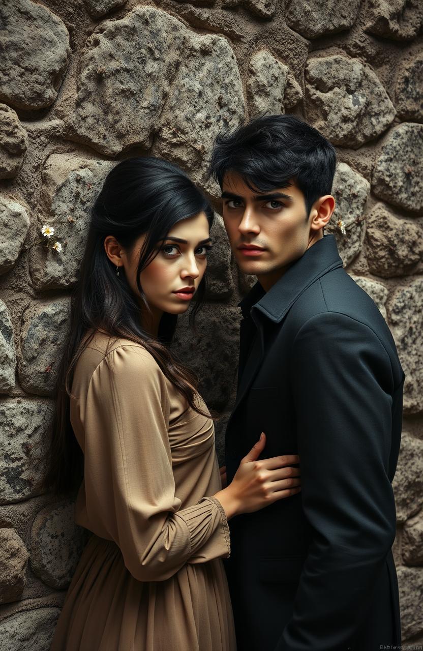 A beautiful woman with honey-colored eyes and a handsome dark-haired man with black eyes stand facing each other, each pressing an ear against an old wall made of ancient stones