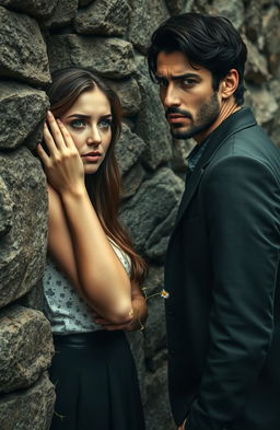 A beautiful woman with honey-colored eyes and a handsome dark-haired man with black eyes stand facing each other, each pressing an ear against an old wall made of ancient stones