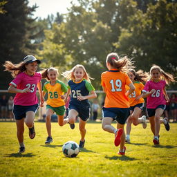 A group of teenage girls energetically playing football on a lush green field, the sun shining brightly in the sky