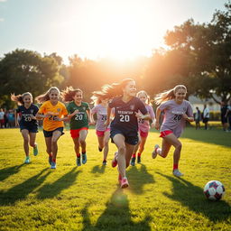 A group of teenage girls energetically playing football on a lush green field, the sun shining brightly in the sky