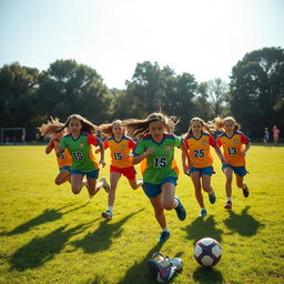 A group of teenage girls energetically playing football on a lush green field, the sun shining brightly in the sky