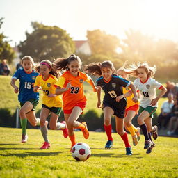 A group of teenage girls energetically playing football on a lush green field, the sun shining brightly in the sky