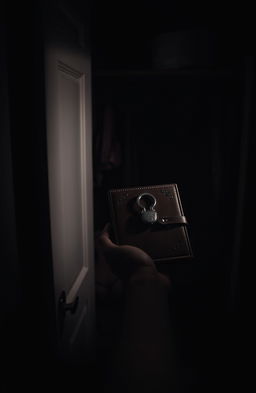 A dimly lit closet in a shadowy bedroom, with sexy items subtly in shadow