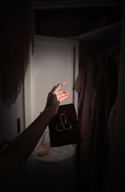 A dimly lit closet in a shadowy bedroom, with sexy items subtly in shadow