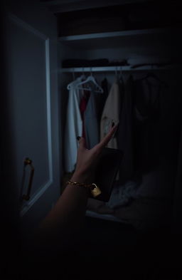 A dimly lit closet in a shadowy bedroom, with sexy items subtly in shadow