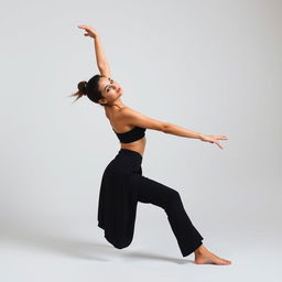 a confident and empowered young woman posing with elegance and poise, showcasing her flexibility in a tasteful and artistic manner in a minimalist studio setting