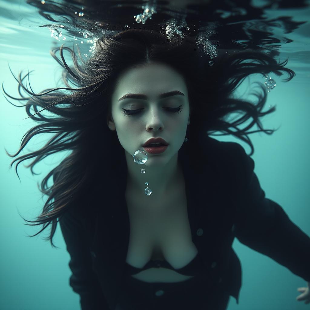 a drowned woman, gracefully lying at the bottom of the sea, with flowing black hair and eyes closed peacefully