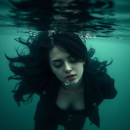 a drowned woman, gracefully lying at the bottom of the sea, with flowing black hair and eyes closed peacefully