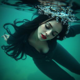 a drowned woman, gracefully lying at the bottom of the sea, with flowing black hair and eyes closed peacefully