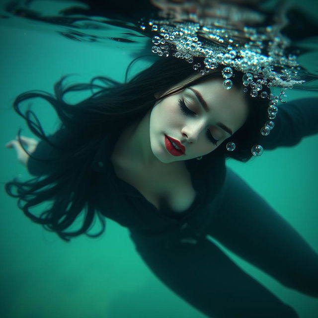 a drowned woman, gracefully lying at the bottom of the sea, with flowing black hair and eyes closed peacefully