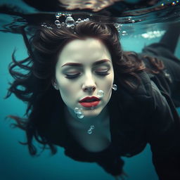 a drowned woman, gracefully lying at the bottom of the sea, with flowing black hair and eyes closed peacefully