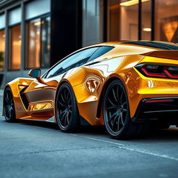 A captivating image of a Corvette C8 with a widebody kit, finished in a lustrous metallic gold