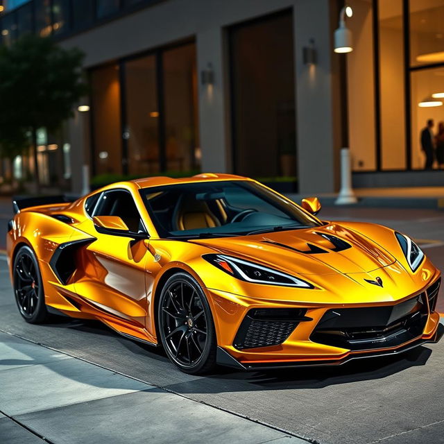 A captivating image of a Corvette C8 with a widebody kit, finished in a lustrous metallic gold