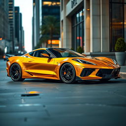 A captivating image of a Corvette C8 with a widebody kit, finished in a lustrous metallic gold