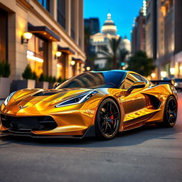 A captivating image of a Corvette C8 with a widebody kit, finished in a lustrous metallic gold