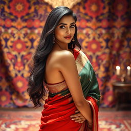 An attractive Indian woman, dressed in a traditional sari that accentuates her elegant curves