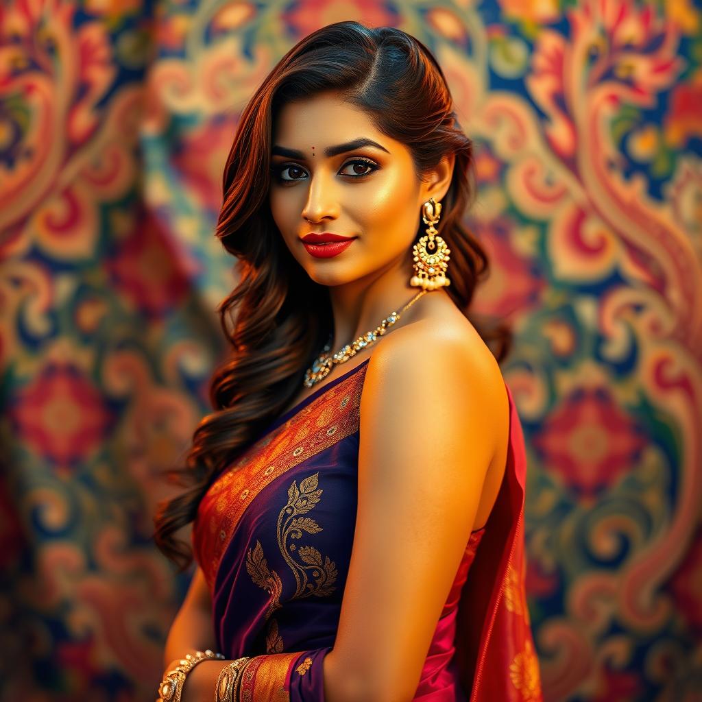 An attractive Indian woman, dressed in a traditional sari that accentuates her elegant curves