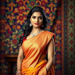 An attractive Indian woman, dressed in a traditional sari that accentuates her elegant curves