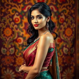 An attractive Indian woman, dressed in a traditional sari that accentuates her elegant curves