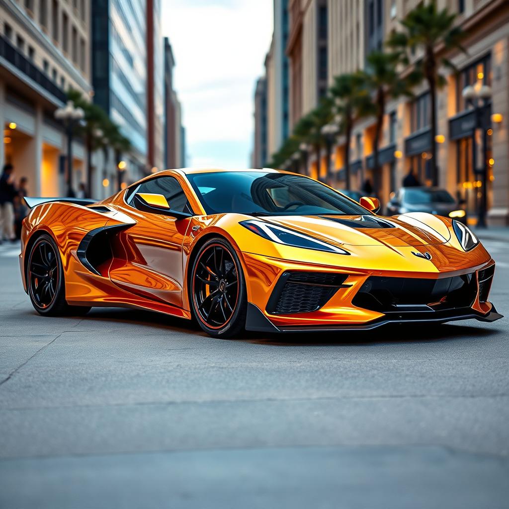 A captivating image of a Corvette C8 with a widebody kit, finished in a lustrous metallic gold