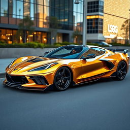 A captivating image of a Corvette C8 with a widebody kit, finished in a lustrous metallic gold