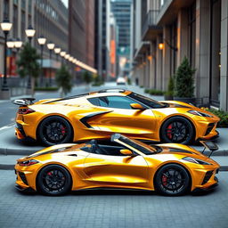 A captivating image of a Corvette C8 with a widebody kit, finished in a lustrous metallic gold