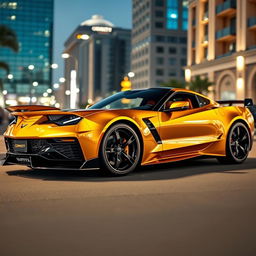 A captivating image of a Corvette C8 with a widebody kit, finished in a lustrous metallic gold