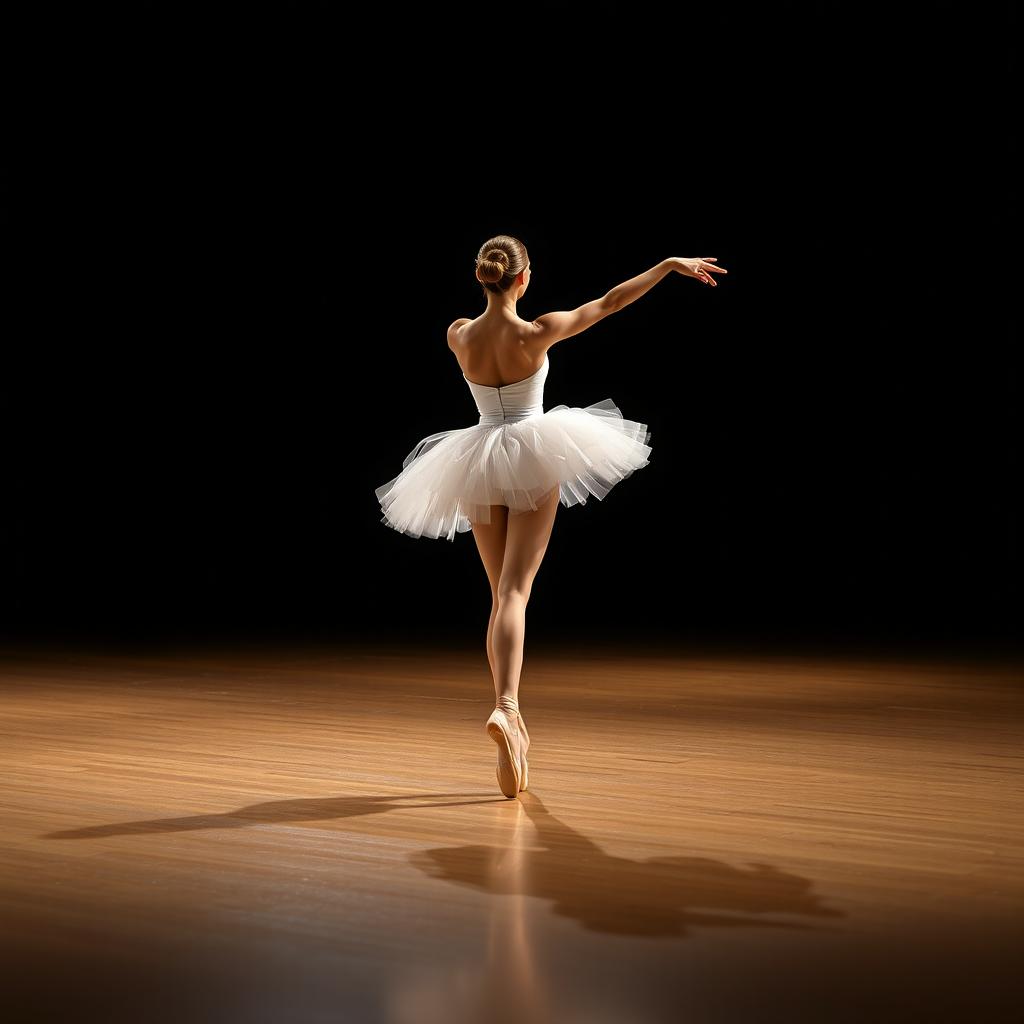 A graceful female ballet dancer performing an elegant arabesque on stage, her delicate tutu fluttering as the spotlight casts a soft glow around her