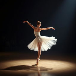 A graceful female ballet dancer performing an elegant arabesque on stage, her delicate tutu fluttering as the spotlight casts a soft glow around her