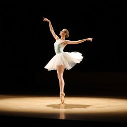 A graceful female ballet dancer performing an elegant arabesque on stage, her delicate tutu fluttering as the spotlight casts a soft glow around her