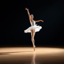 A graceful female ballet dancer performing an elegant arabesque on stage, her delicate tutu fluttering as the spotlight casts a soft glow around her