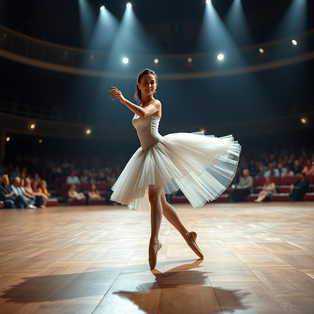 a graceful ballerina performing an elegant arabesque on stage, the spotlight highlighting her flowing tutu as she glides across a polished wooden stage, surrounded by an amphitheater with an appreciative audience