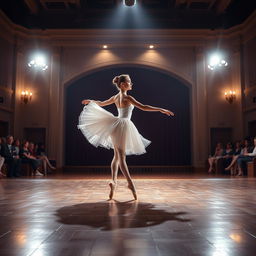 a graceful ballerina performing an elegant arabesque on stage, the spotlight highlighting her flowing tutu as she glides across a polished wooden stage, surrounded by an amphitheater with an appreciative audience