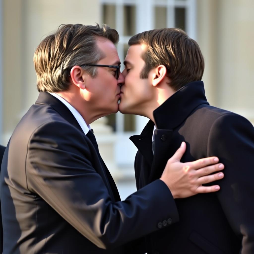 Two male politicians from France, Jean-Luc Mélenchon and Emmanuel Macron, sharing a compassionate kiss