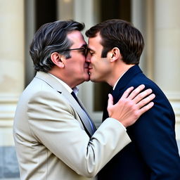 Two male politicians from France, Jean-Luc Mélenchon and Emmanuel Macron, sharing a compassionate kiss