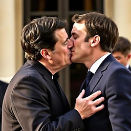 Two male politicians from France, Jean-Luc Mélenchon and Emmanuel Macron, sharing a compassionate kiss