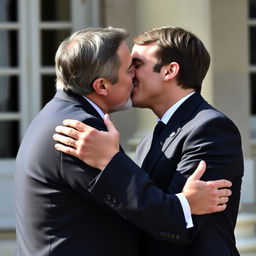 Two male politicians from France, Jean-Luc Mélenchon and Emmanuel Macron, sharing a compassionate kiss