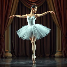 A graceful ballerina mid-pose, with elegant form and poise, laced ballet shoes delicately tied around her feet