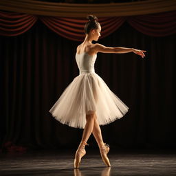 A graceful ballerina mid-pose, with elegant form and poise, laced ballet shoes delicately tied around her feet