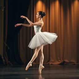 A graceful ballerina mid-pose, with elegant form and poise, laced ballet shoes delicately tied around her feet