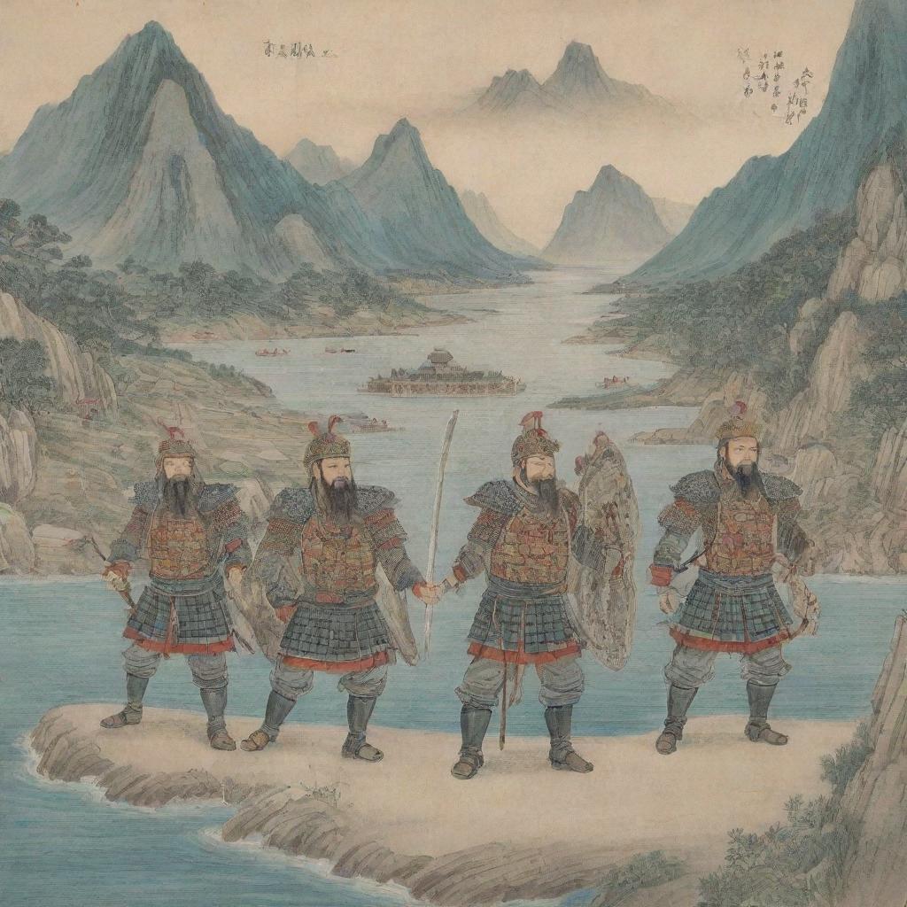 Illustrated version of the poem 'The Soldier' by Confucius showing dedicated soldiers carrying weapons in ancient Chinese armour, set against a scenic backdrop of mountains and rivers.