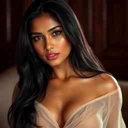 A seductive and alluring Indian woman with a glowing, sweaty complexion