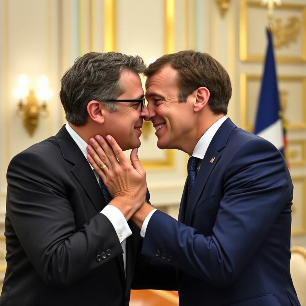 Jean-Luc Mélenchon and Emmanuel Macron engaging in a realistic, tender yet professional greeting on the cheek, conveying mutual respect and diplomacy, set in a formal political meeting environment, surrounded by an elegant conference room backdrop